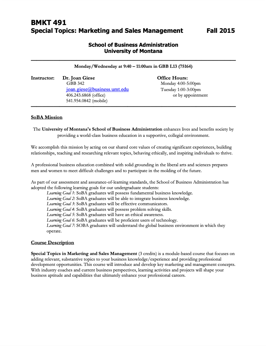 Special Topics in Marketing and Sales Management